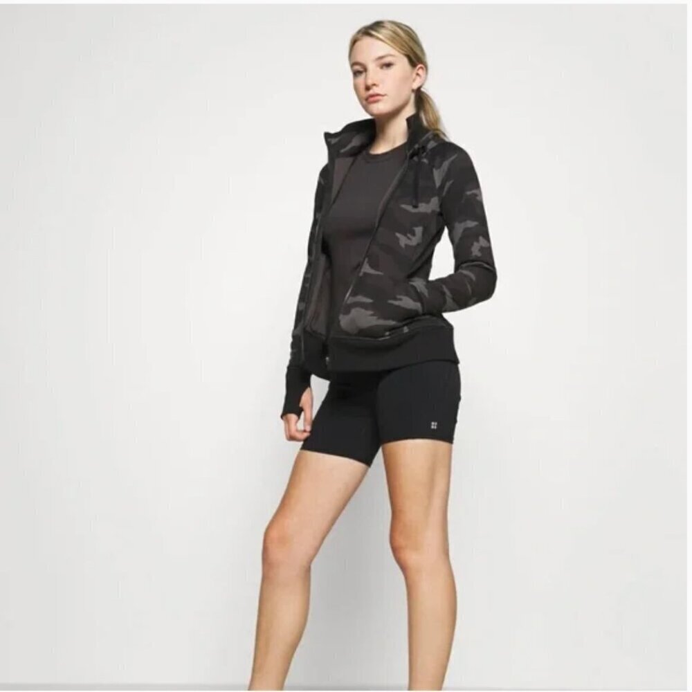Athleta Triumph Hooded Sweatshirt Zip Jacket Camo Camouflage Black Size Medium